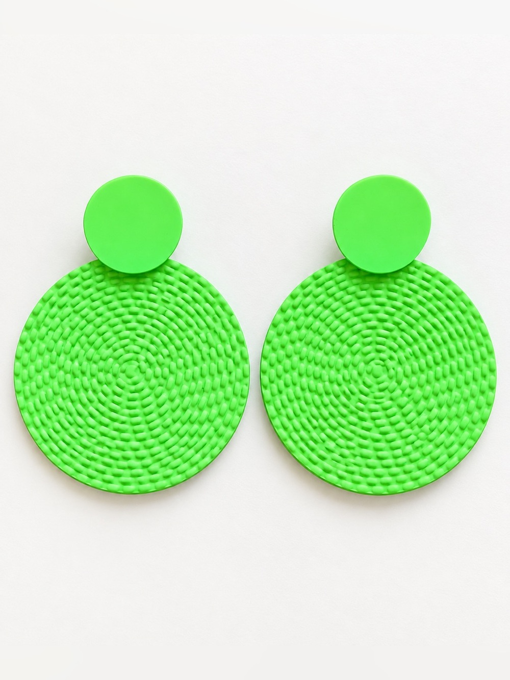 Neon Green Textured Statement Disc Drop Earrings
